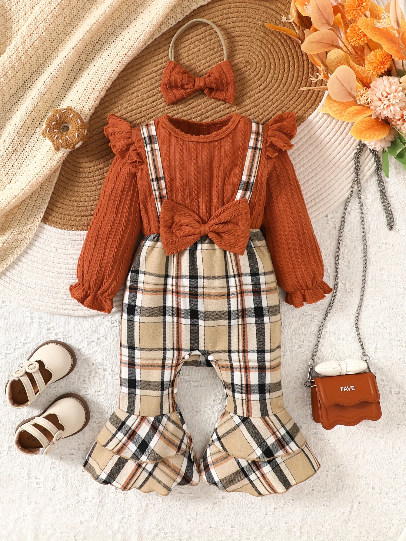 Baby Girl Long Sleeve Cotton Jumpsuit with Flared Pants & Bow Turban Set