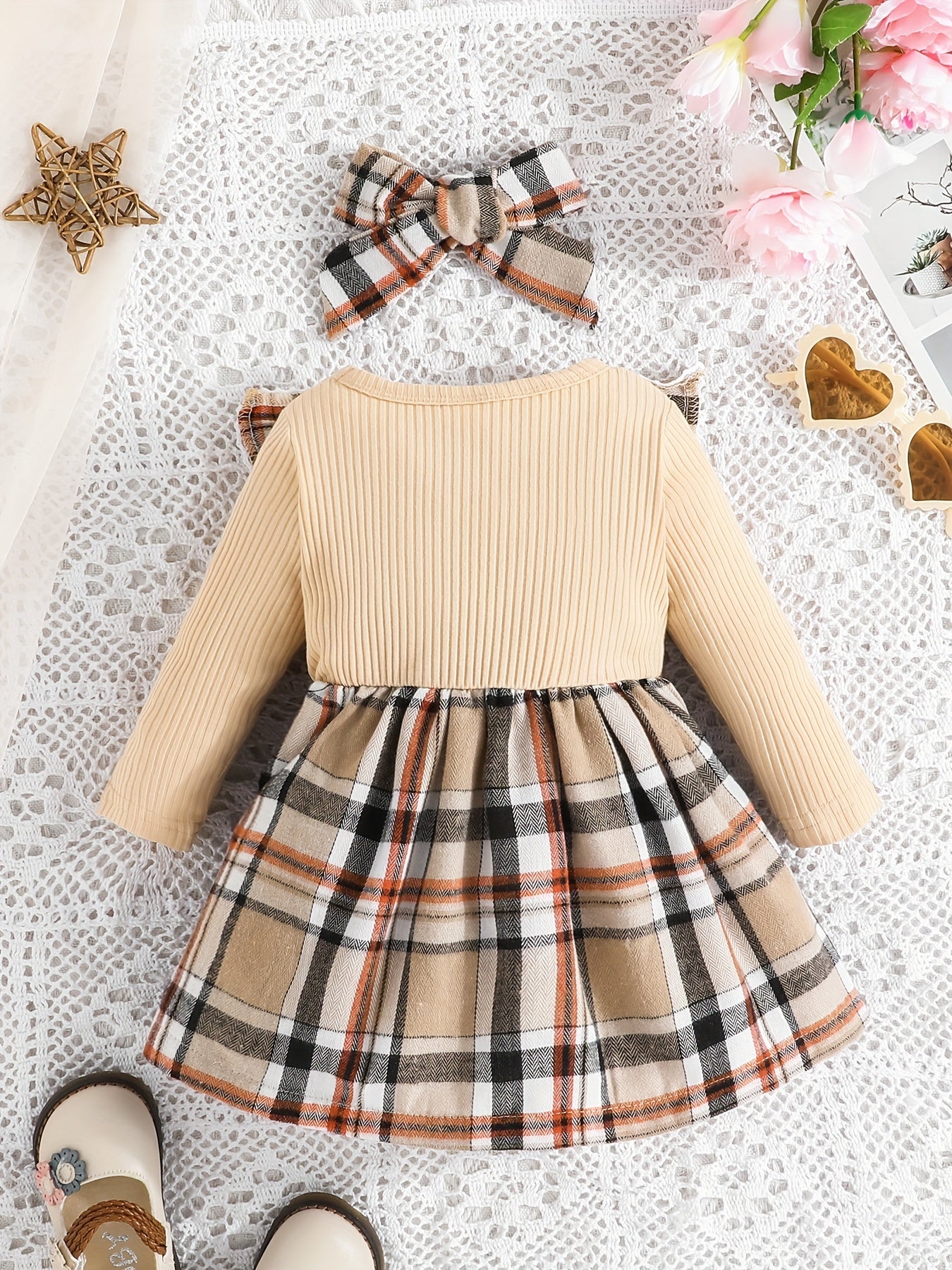 Baby Girl Ruffle Trim Plaid Long Sleeve Dress & Headband Set