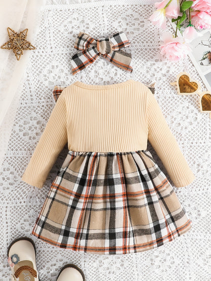 Baby Girl Ruffle Trim Plaid Long Sleeve Dress & Headband Set