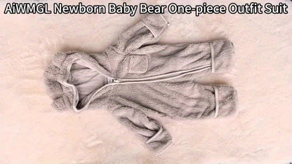 Newborn Baby Winter Fleece Hooded Romper with Mittens Plush Lined Jumpsuit