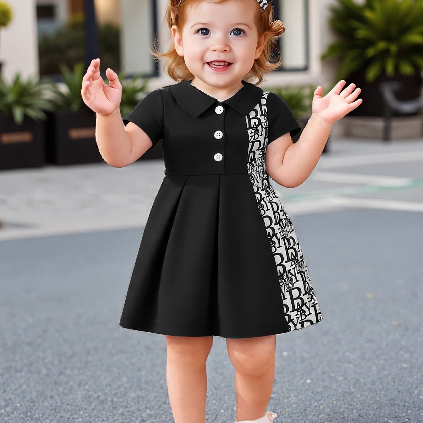 Baby Girl Summer Dress Short Sleeve Pleated Skirt with Headband Black & White Letter Print