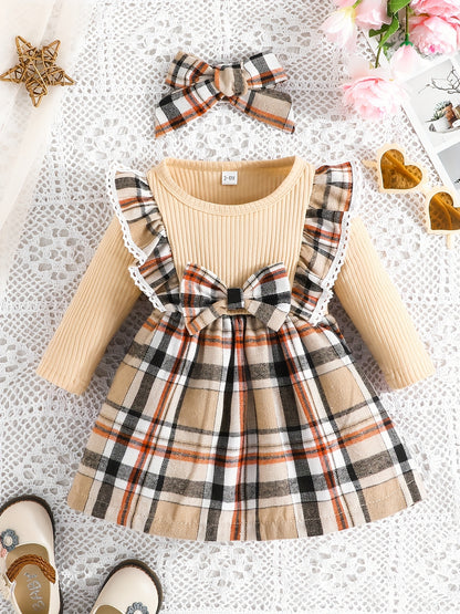 Baby Girl Ruffle Trim Plaid Long Sleeve Dress & Headband Set