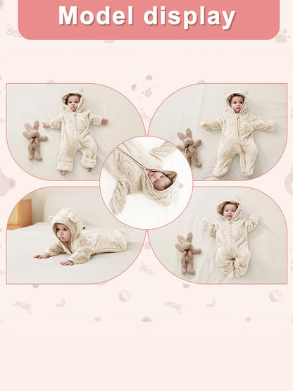 Newborn Baby Winter Fleece Hooded Romper with Mittens Plush Lined Jumpsuit