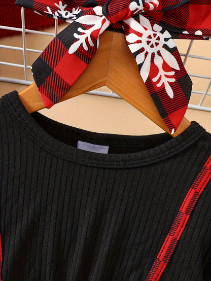 Baby Christmas Two-Piece Outfit Bow Snowflake Plaid Dress with Headscarf
