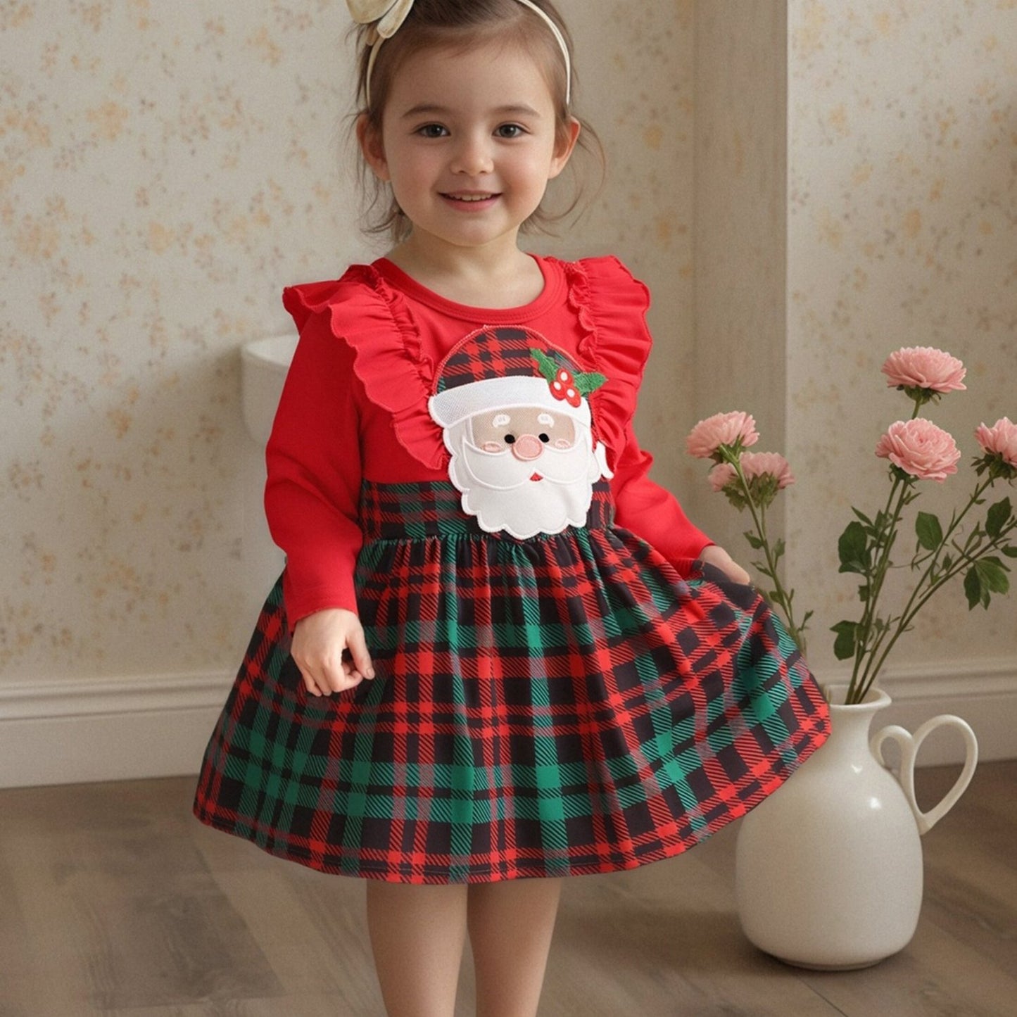 Baby Girl Christmas Dress with Santa Hat Plaid Skirt Long Sleeve A-Line Outfit