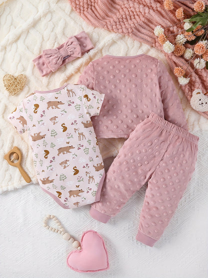 4 Pcs Baby Girl Triangular Jumpsuit Set Cartoon Bear Velvet Long Sleeve Pants & Hair Tie