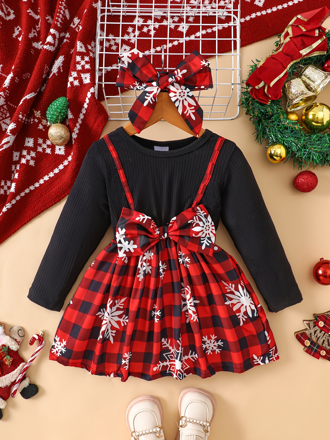Baby Christmas Two-Piece Outfit Bow Snowflake Plaid Dress with Headscarf