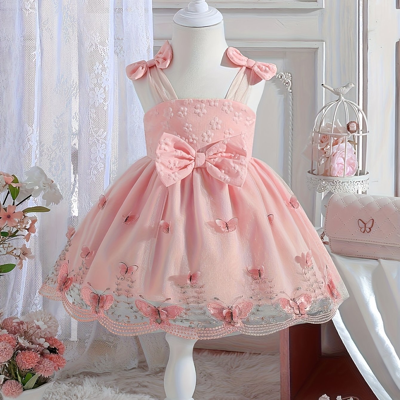 Baby Girl Summer Dress Embroidered 3D Butterfly Mesh Suspender Bow Princess Skirt