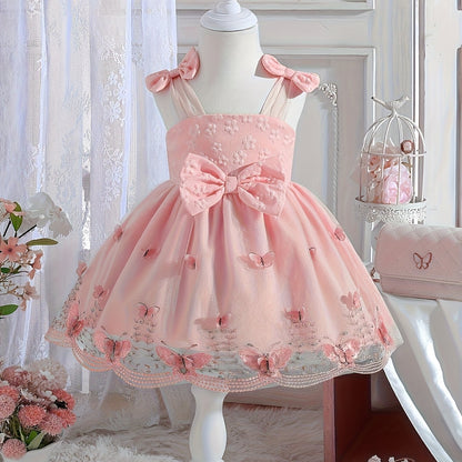 Baby Girl Summer Dress Embroidered 3D Butterfly Mesh Suspender Bow Princess Skirt