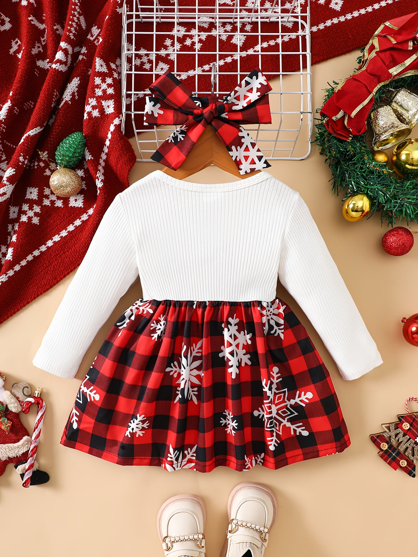 Baby Christmas Two-Piece Outfit Bow Snowflake Plaid Dress with Headscarf