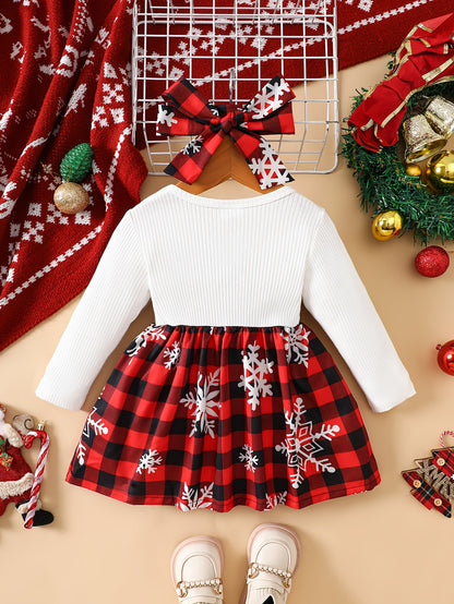 Baby Christmas Two-Piece Outfit Bow Snowflake Plaid Dress with Headscarf