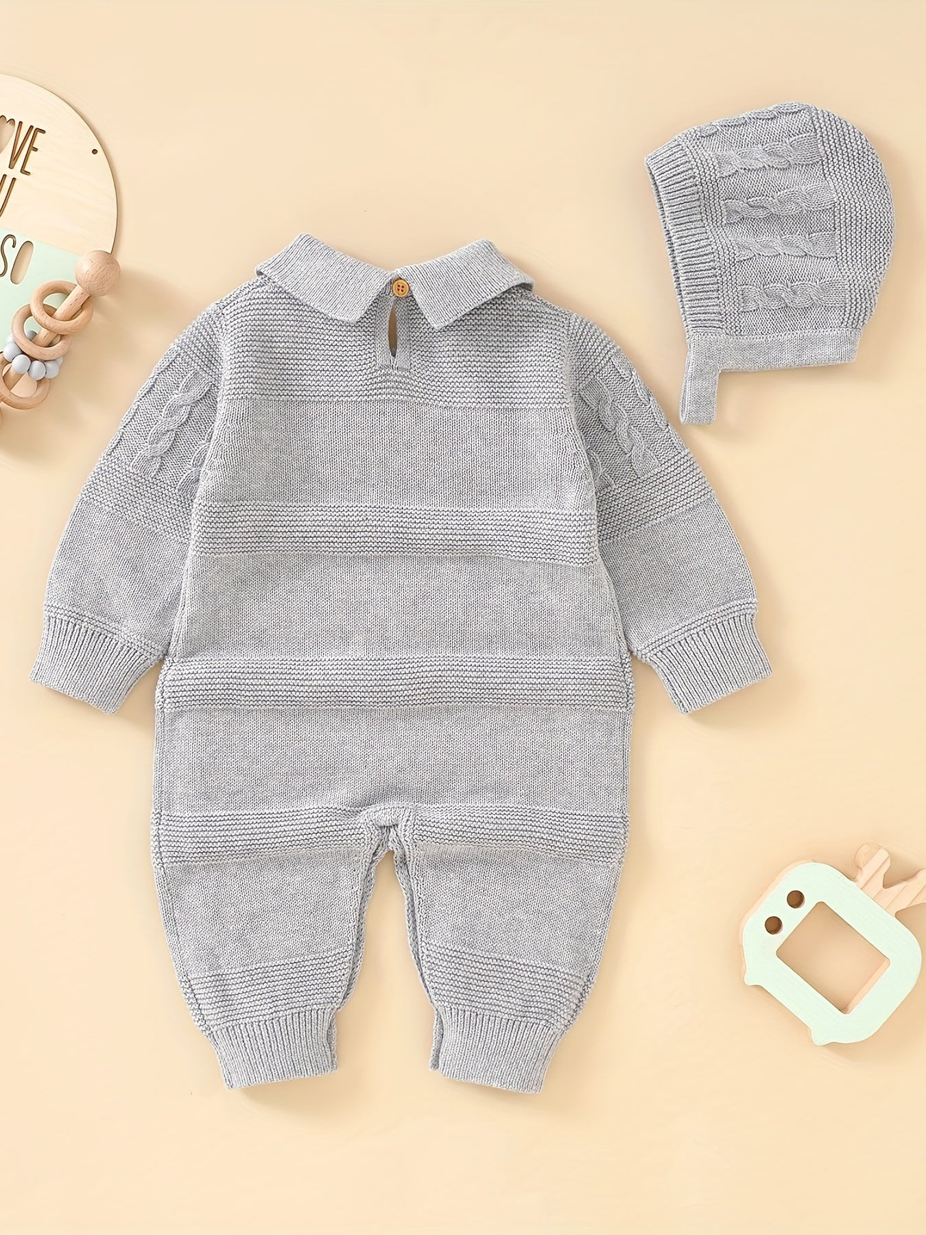 Unisex Infant Romper, Cotton Knit Gentleman Style Lapel Baby Jumpsuit With Hat Set