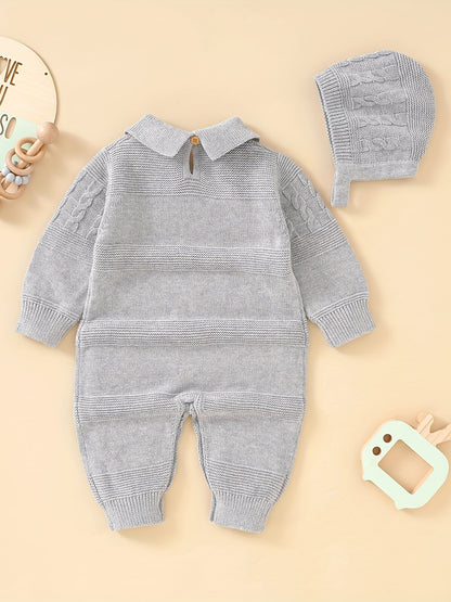 Unisex Infant Romper, Cotton Knit Gentleman Style Lapel Baby Jumpsuit With Hat Set