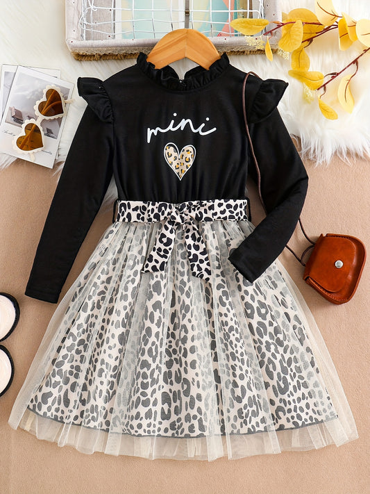Baby Girl Leopard Print Mesh Dress with Bowknot Belt Long Sleeve Ruffle Trim