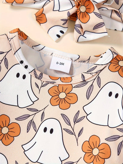 3 Pcs Baby Girl Halloween Outfit Pumpkin Print Jumpsuit, Ruffled Skirt & Headband Set