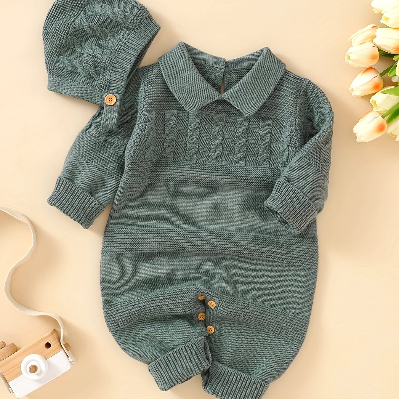 Unisex Infant Romper, Cotton Knit Gentleman Style Lapel Baby Jumpsuit With Hat Set