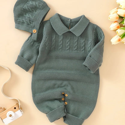 Unisex Infant Romper, Cotton Knit Gentleman Style Lapel Baby Jumpsuit With Hat Set