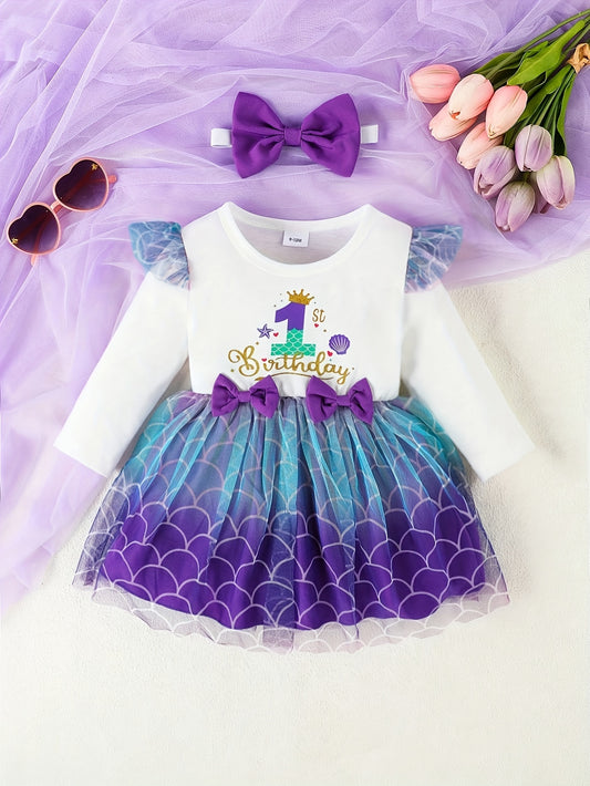 Baby Girl Long Sleeve Birthday Dress Color Block Purple & Blue Scales Knee-Length