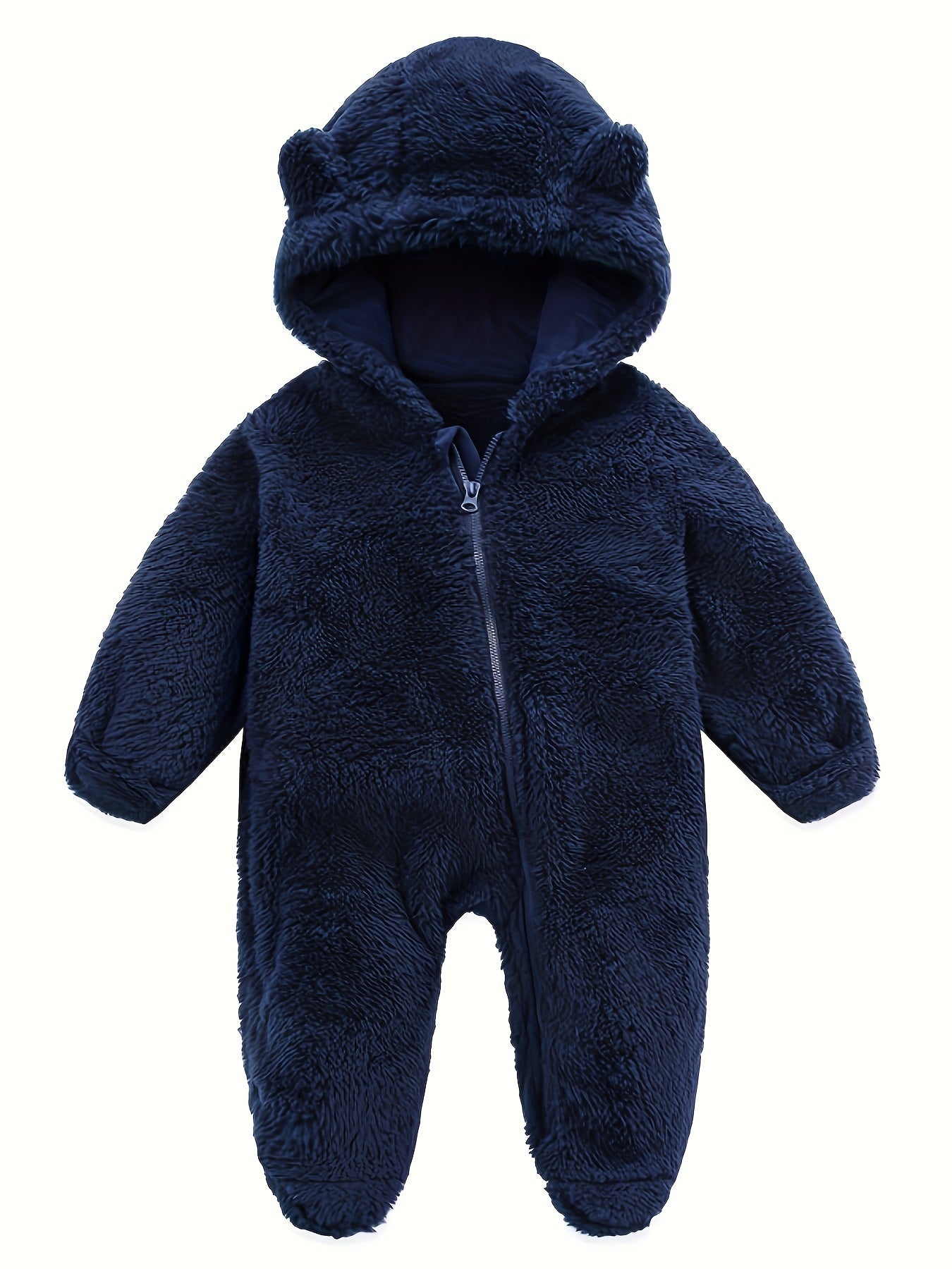 Baby Jumpsuit Navy Blue Polar Fleece with Bear Ears Hood Winter Romper