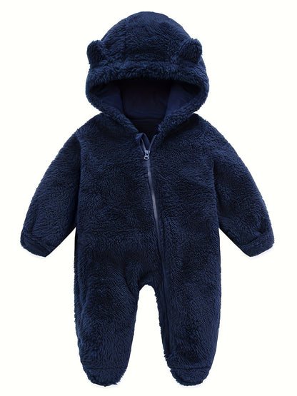 Baby Jumpsuit Navy Blue Polar Fleece with Bear Ears Hood Winter Romper