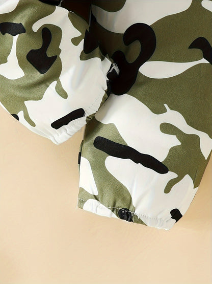 Baby Girls Cute Letter For Love Print Long Sleeve Creeper Romper + Camouflage Trousers + Headwear 3pcs Set, Outdoor Cloth
