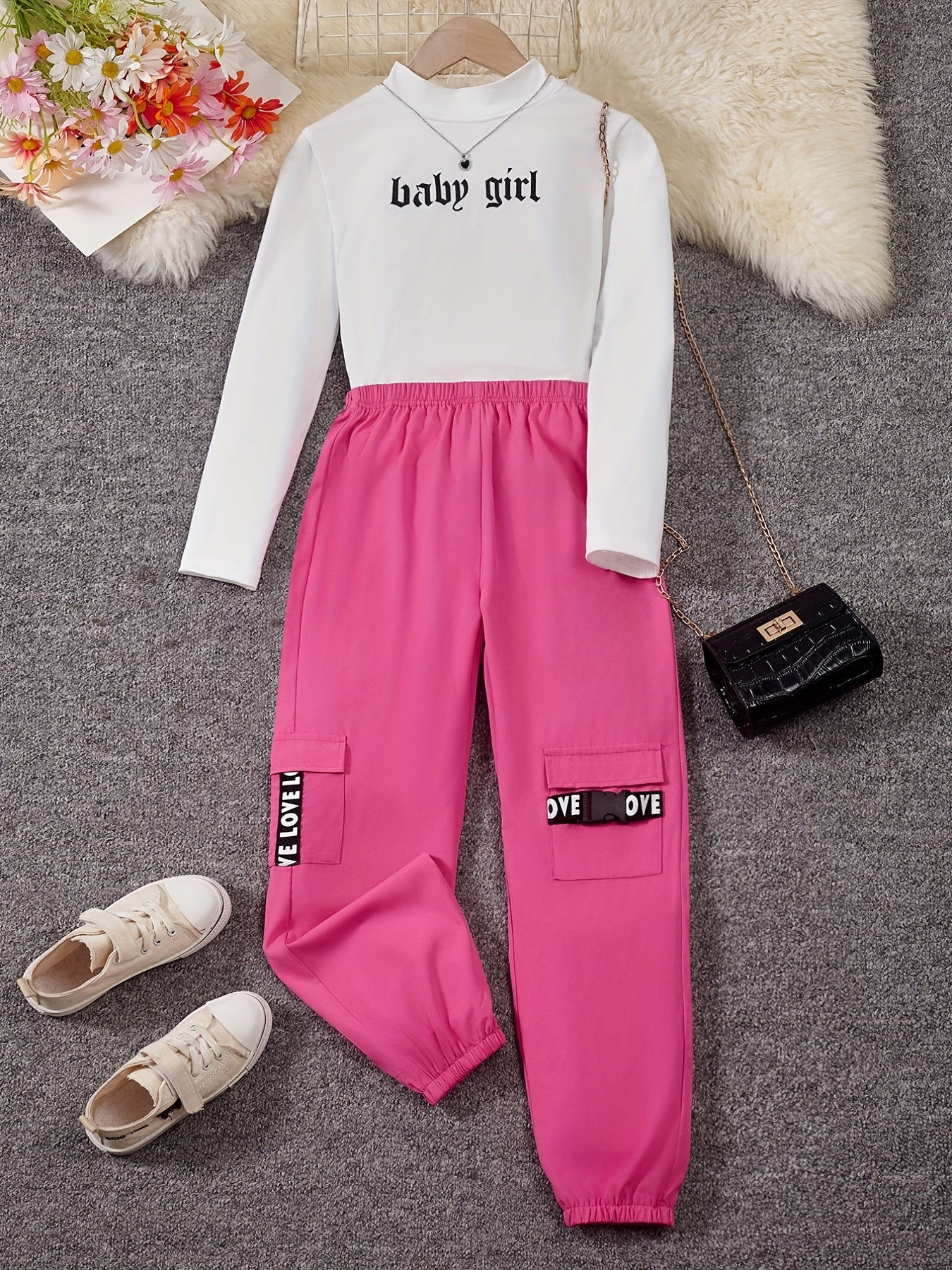 2-Piece Baby Girl Color Clash Top & Cargo Pants Set Alphabet Print