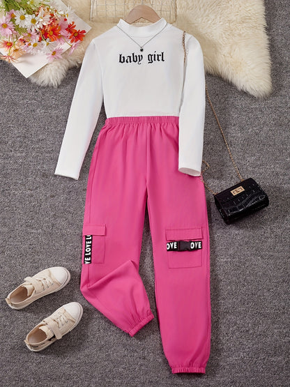 2-Piece Baby Girl Color Clash Top & Cargo Pants Set Alphabet Print