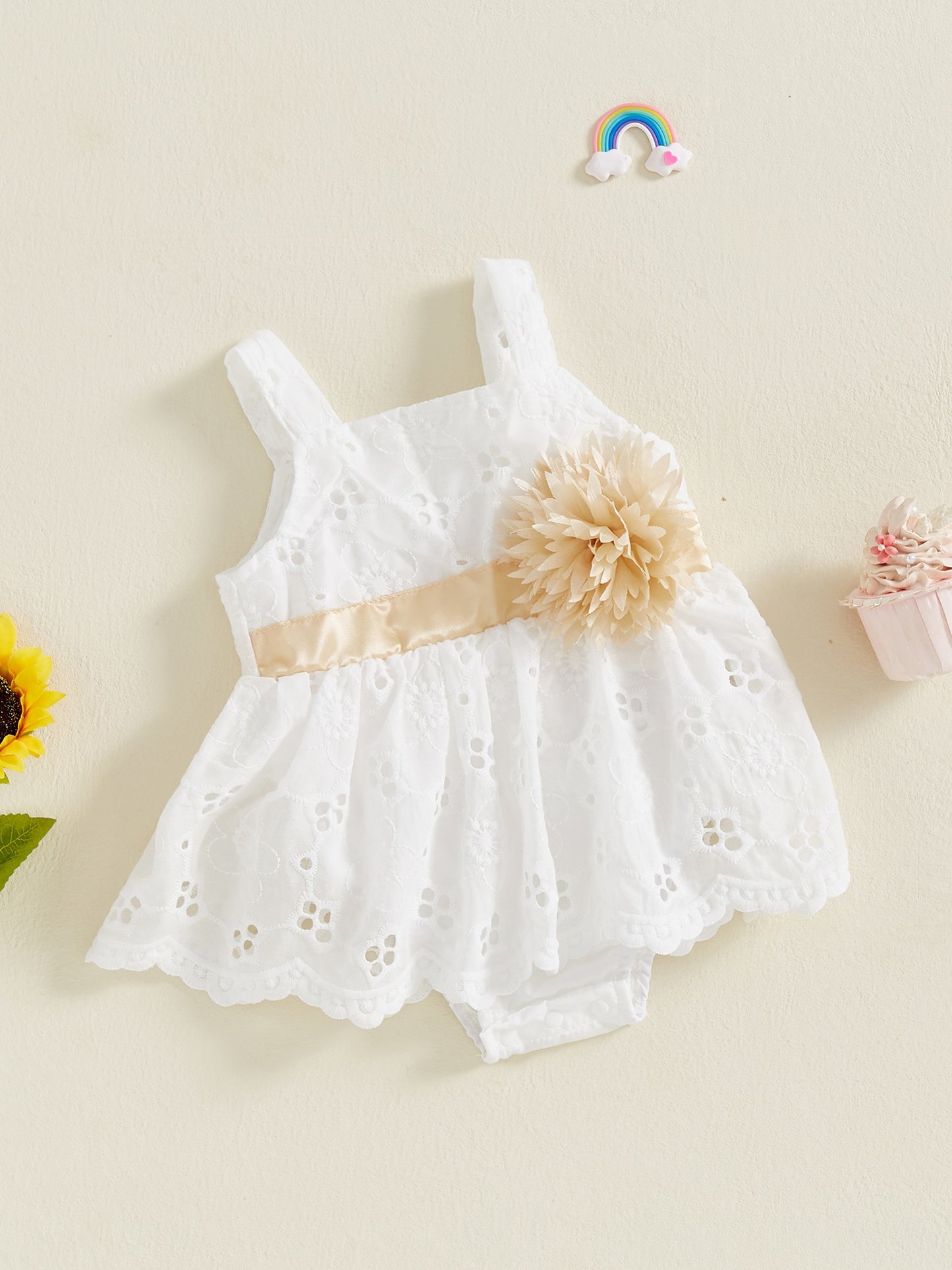 White Sleeveless Baby Girl Romper Dress 3D Floral Skirt Hem Golden Belt Summer Outfit