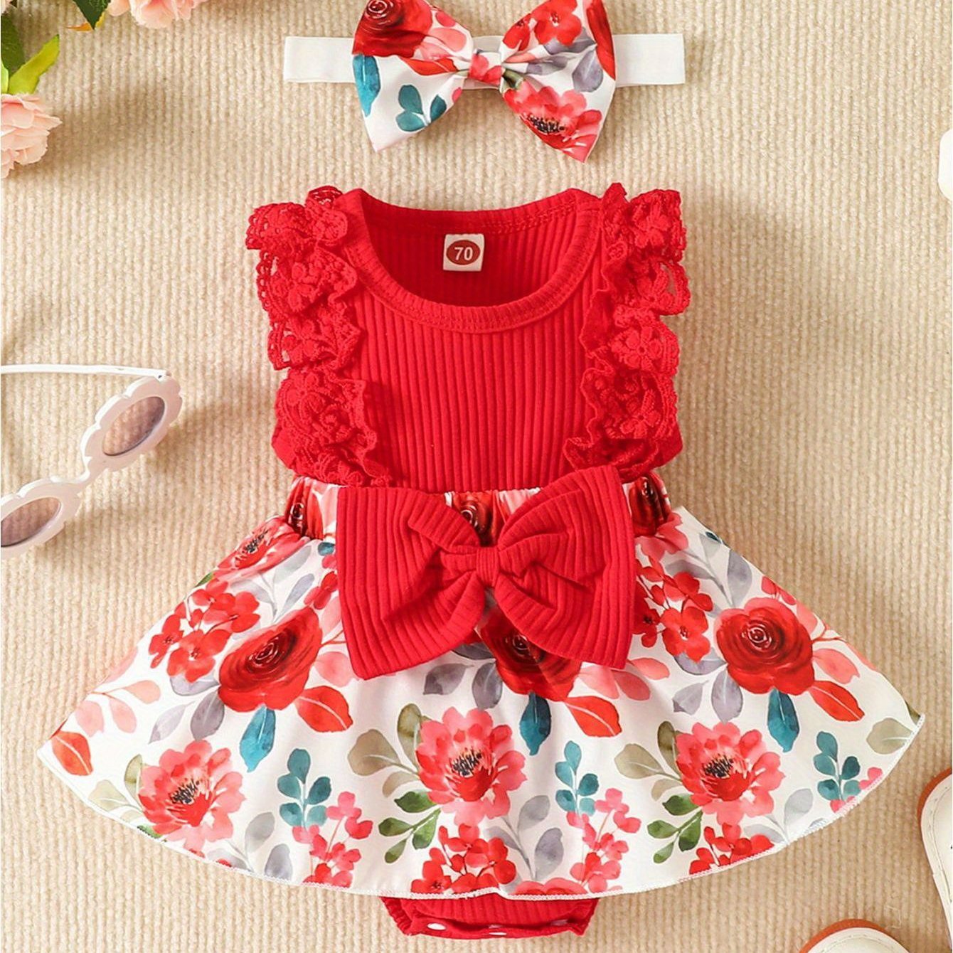 Floral Print Lace Trim Sleeveless Romper Dress with Bowknot for Baby Girls Cotton Blend Summer Outdoor Outfit