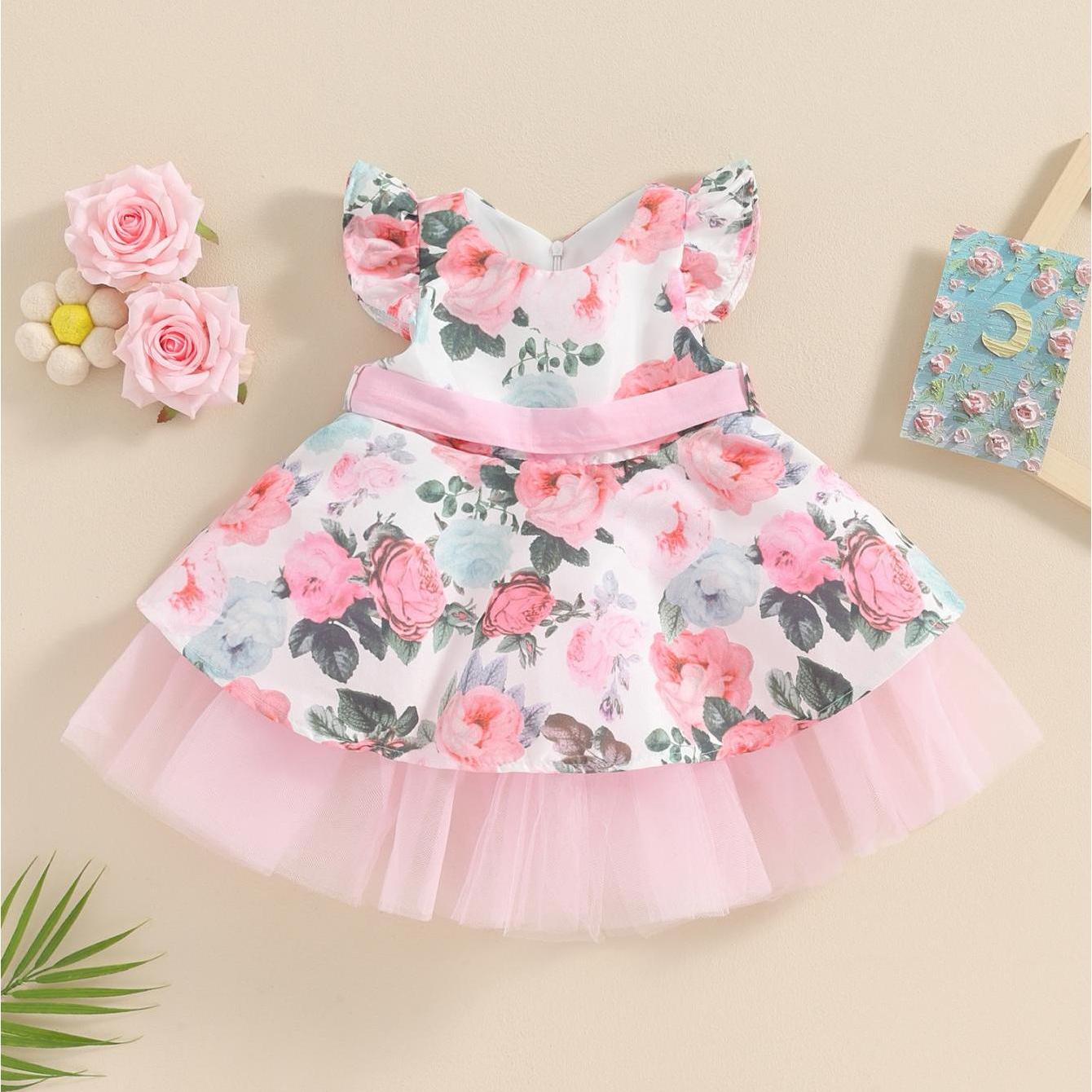 Baby Girls Princess Tutu Dress Lace Patchwork Flying Sleeve Bowknot Floral Print Summer Wedding Birthday Outfit