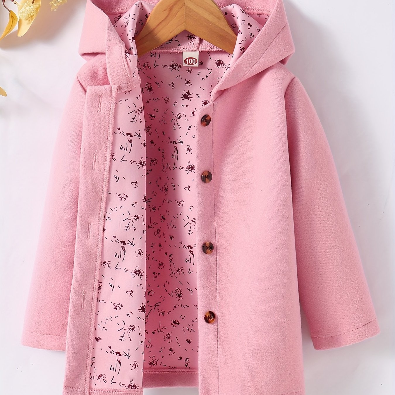 Baby Girl Hooded Coat Floral Print Button Design Autumn Winter