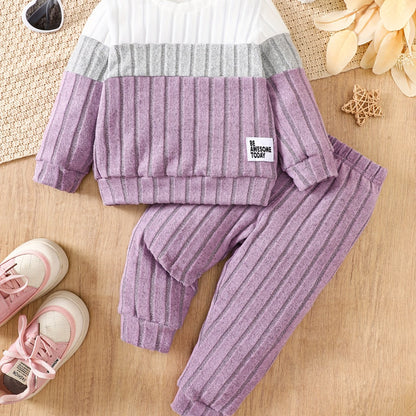 Baby Girl Pit Stripe Contrast Long Sleeve Top & Pants Winter Outfit