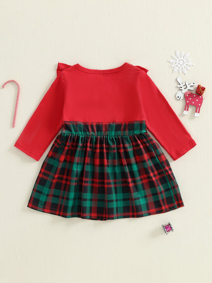 Baby Girl Christmas Dress with Santa Hat Plaid Skirt Long Sleeve A-Line Outfit