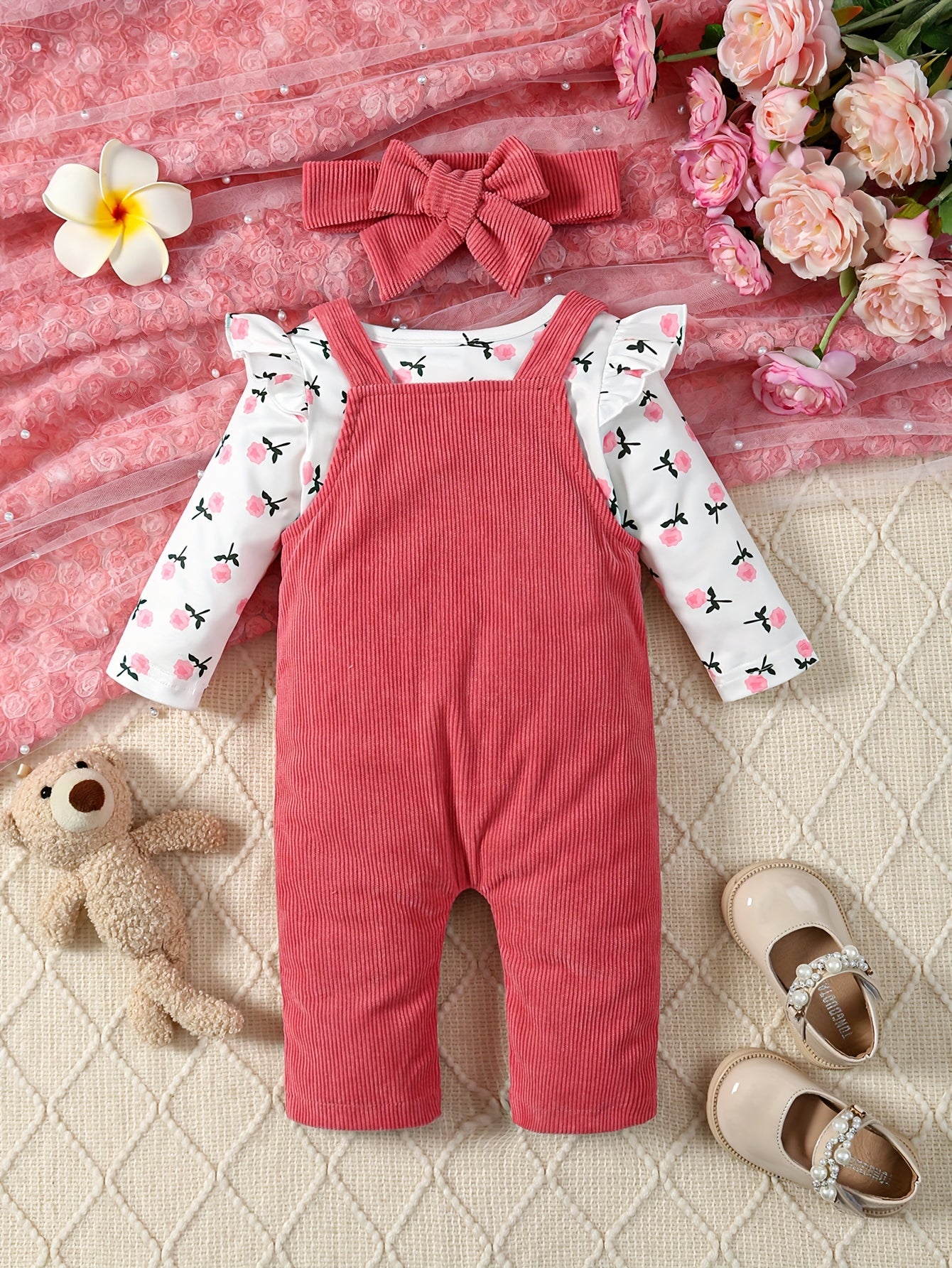 2 Pcs Baby Girl Outfit Floral Long Sleeve Jumpsuit with Teddy Bear Corduroy Pants & Headband