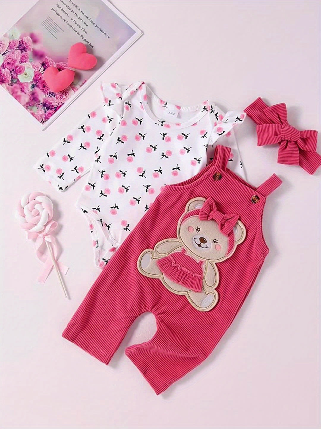 2 Pcs Baby Girl Outfit Floral Long Sleeve Jumpsuit with Teddy Bear Corduroy Pants & Headband