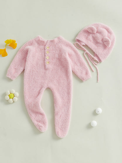 Infant Baby Winter Plush Jumpsuit with Hat Long Sleeve Romper