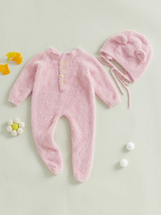Infant Baby Winter Plush Jumpsuit with Hat Long Sleeve Romper