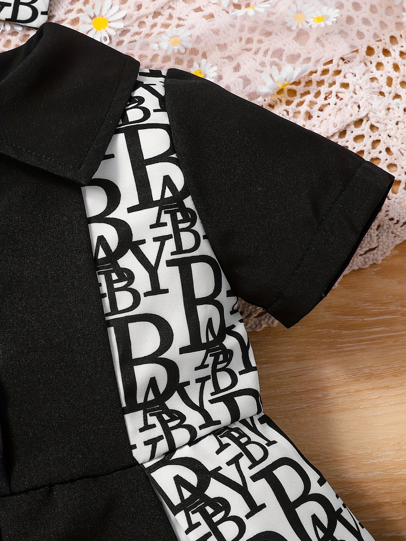 Baby Girl Summer Dress Short Sleeve Pleated Skirt with Headband Black & White Letter Print