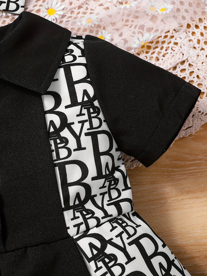 Baby Girl Summer Dress Short Sleeve Pleated Skirt with Headband Black & White Letter Print