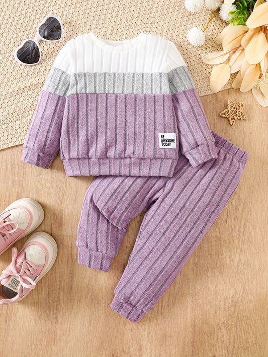 Baby Girl Pit Stripe Contrast Long Sleeve Top & Pants Winter Outfit