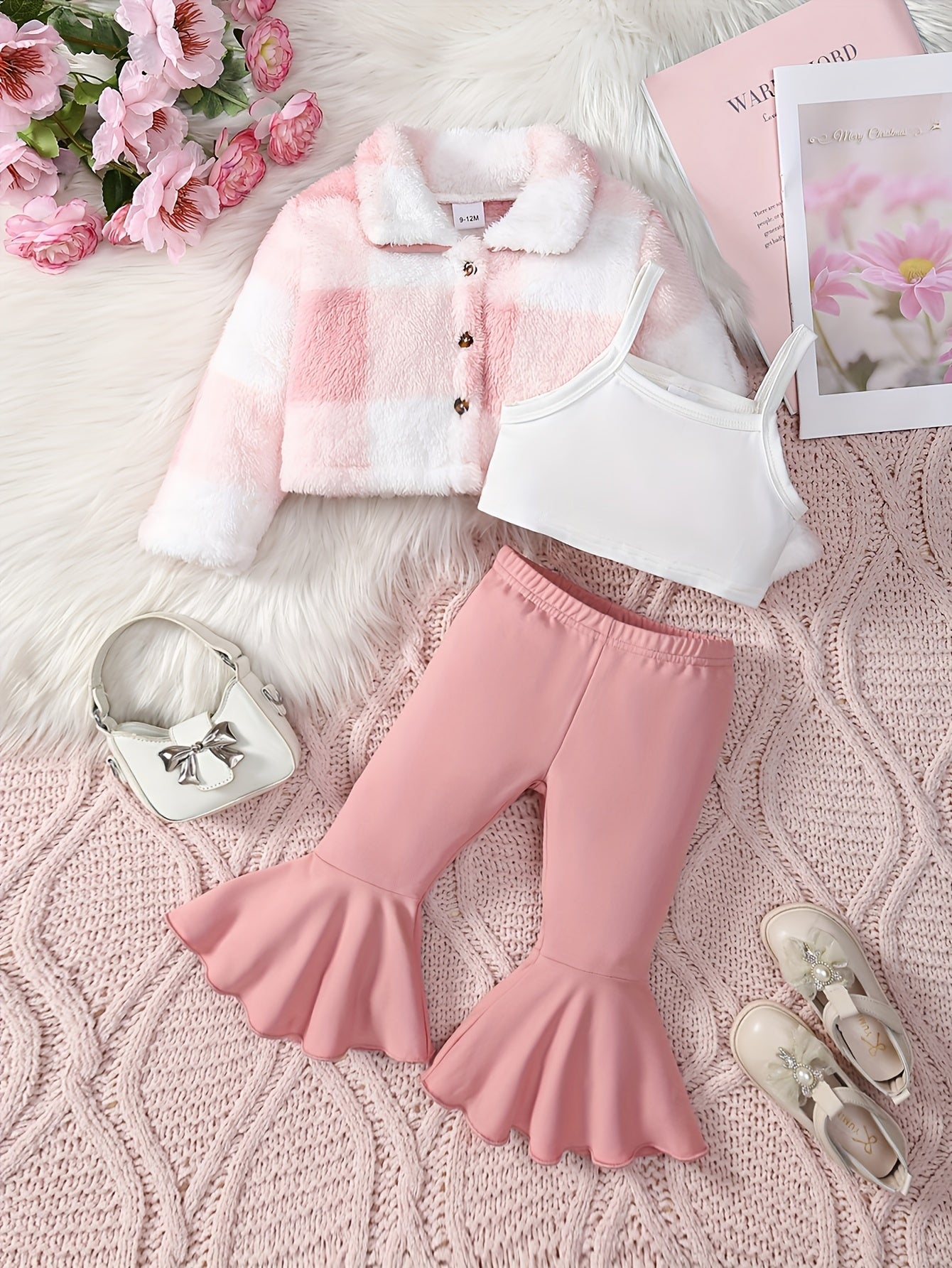 3 Pcs Baby Girl Outfit Camisole Vest Plush Plaid Jacket & Horn Pants