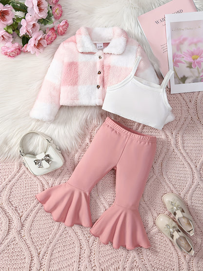 3 Pcs Baby Girl Outfit Camisole Vest Plush Plaid Jacket & Horn Pants