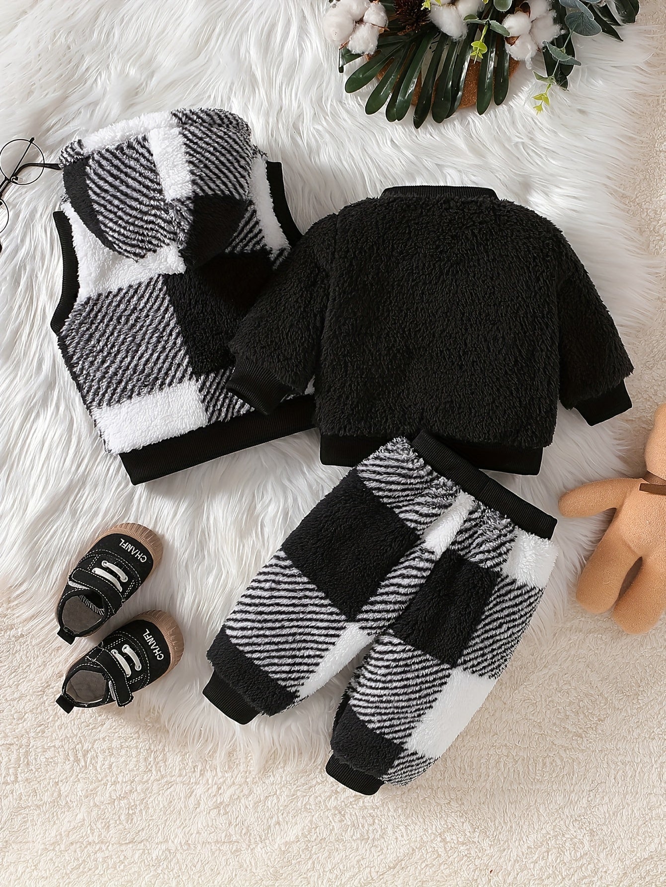 Baby Boys Cartoon Bear Pullover with Checkered Trousers & Hooded Vest Set
