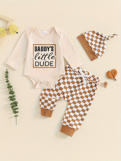 Baby Boy 3-Piece Outfit Letter Print Long Sleeve Romper Pants & Hat