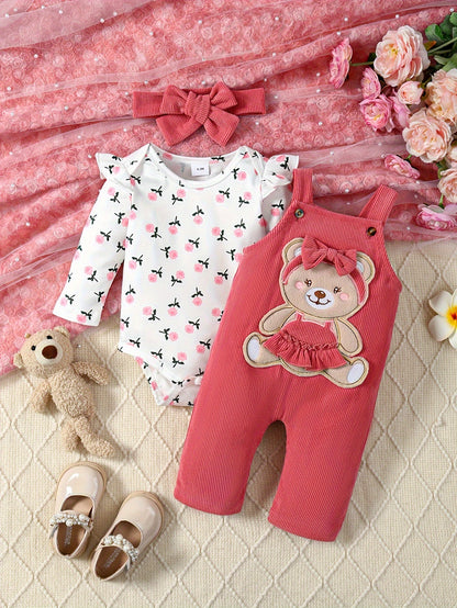 2 Pcs Baby Girl Outfit Floral Long Sleeve Jumpsuit with Teddy Bear Corduroy Pants & Headband