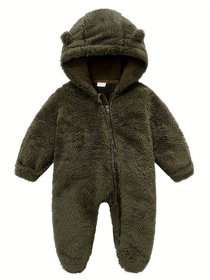 Baby Jumpsuit Navy Blue Polar Fleece with Bear Ears Hood Winter Romper