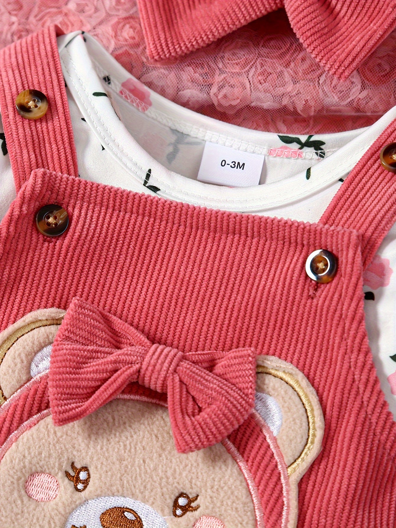 2 Pcs Baby Girl Outfit Floral Long Sleeve Jumpsuit with Teddy Bear Corduroy Pants & Headband