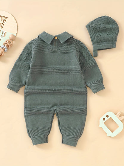 Unisex Infant Romper, Cotton Knit Gentleman Style Lapel Baby Jumpsuit With Hat Set