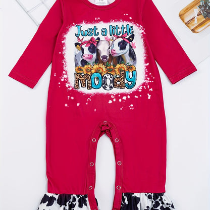 Autumn Western Cowboy Series Baby Girl's Cute Bodysuit With Leopard Cow Pattern Flower Letter...random Print