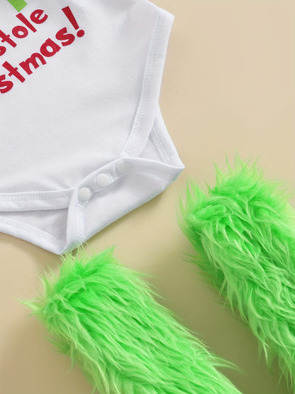 Infant Baby Christmas Outfit Letter Print Romper with Plush Furry Suspender Pants